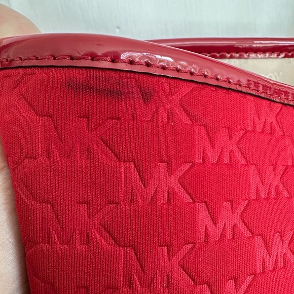 Michael Michael Kors Red Embossed Logo Scuba Fabric Patent Strap Large Tote Bag - Picture 11 of 12